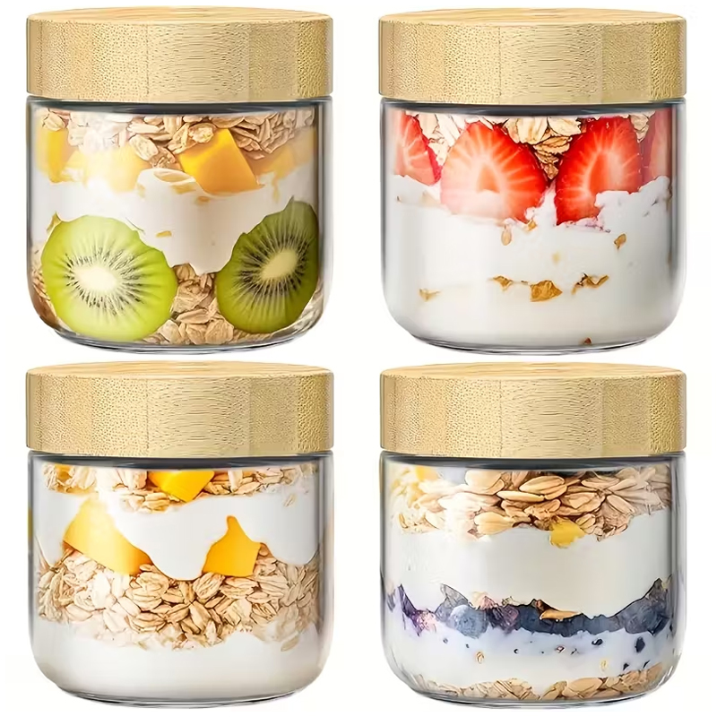 Meal Prep Overnight Oats - 대나무 뚜껑이 있는 4팩 오버나이트 오트밀