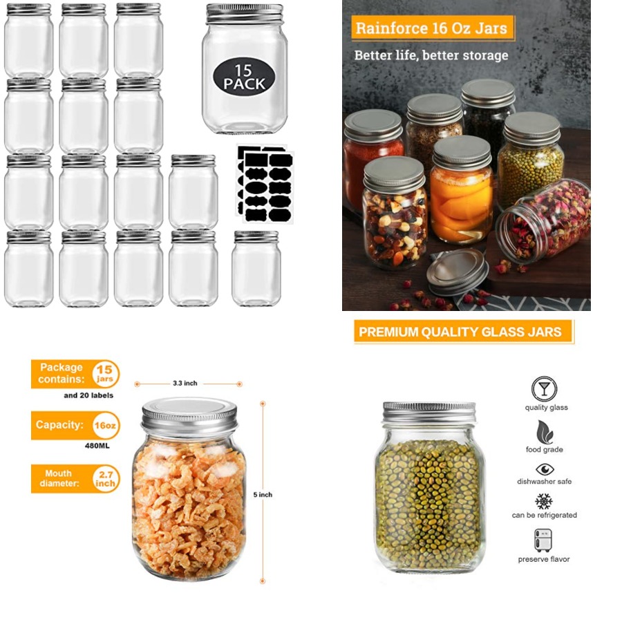 16온스 메이슨 자(뚜껑 포함, 일반 입구) 15개입  - Meal Prep Bulking 리뷰 및 가격